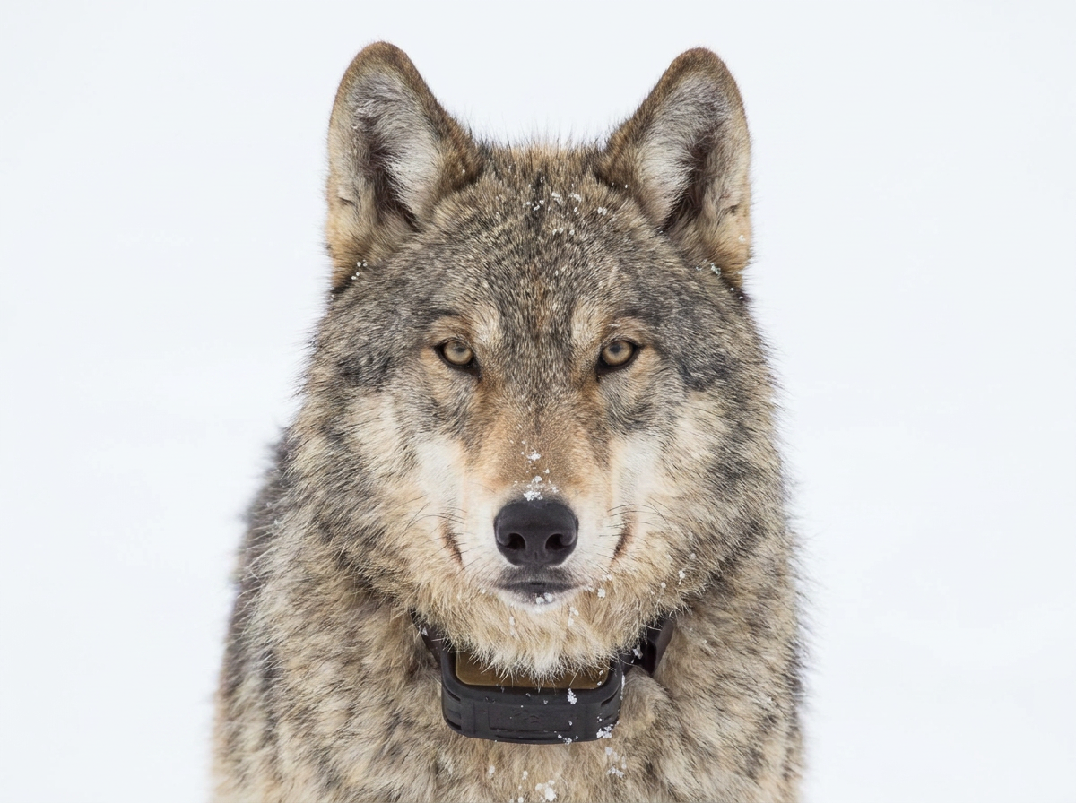 Nano Banana Pro - Bild von einem Wolf mit Senderhalsband gro_ von vorne Frontal zur Kamera bis zum